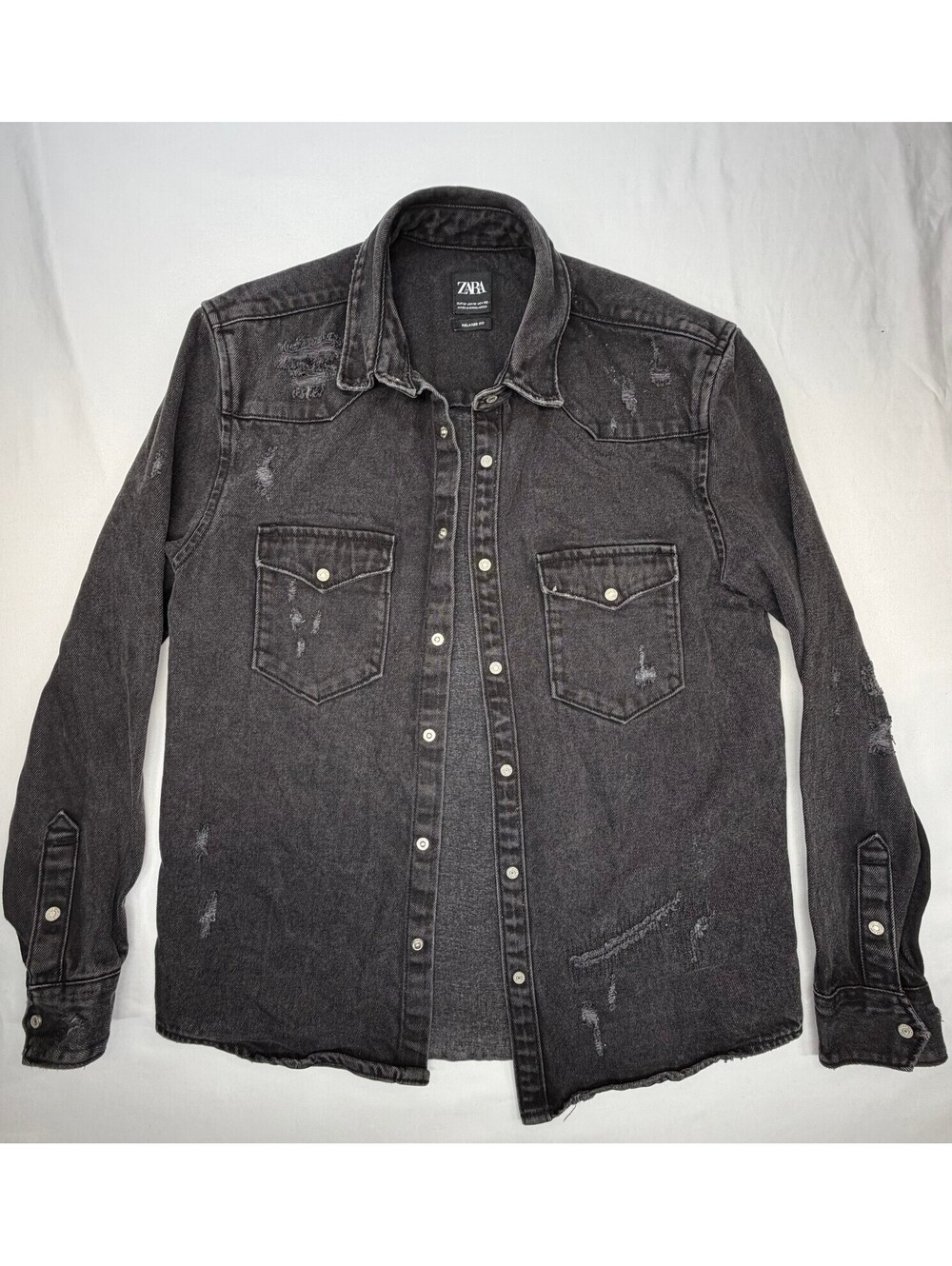 Zara Men's Denim Jacket Distressed Washed Relaxed Fit Pockets Size 40 Black